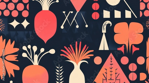 Geometric Floral Pattern: Abstract Botanical Illustrations with Bold Colors and Minimalist Style -  Seamless Vector Design for Trendy Prints, Fabrics, and Home Decor