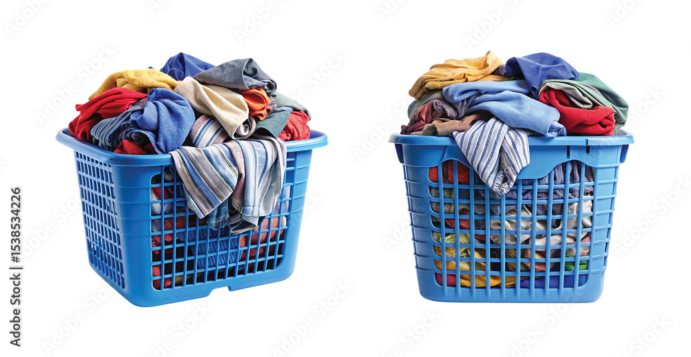 Fototapeta premium Blue Laundry Basket with Clothes: Blue plastic laundry basket filled with mixed clothes, high detail PNG