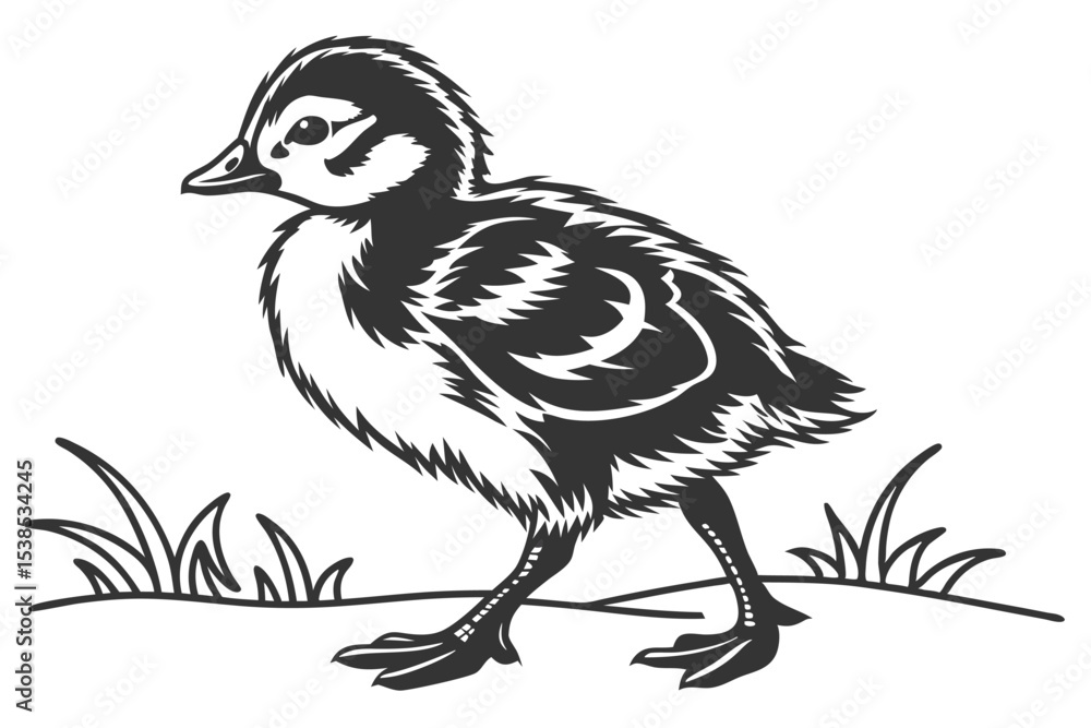 Fototapeta premium Black and white duckling stands amid sparse grass in a simple line drawing