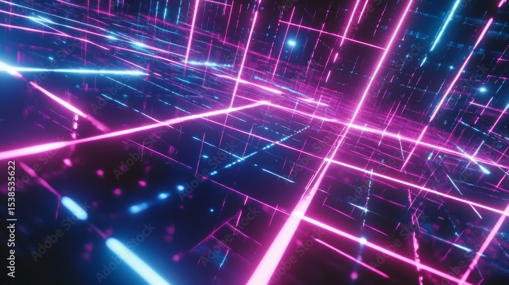 Fototapeta premium Futuristic Neon Grid Pattern with Vibrant Light Streaks on Dark Background