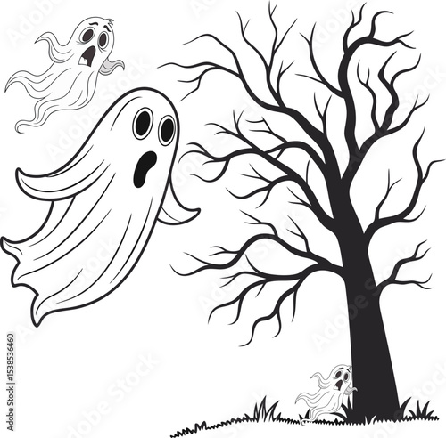 Spooky Scene: Ghostly figures and a gnarled tree create a haunting atmosphere. This monochrome illustration captures the essence of a spooky night.