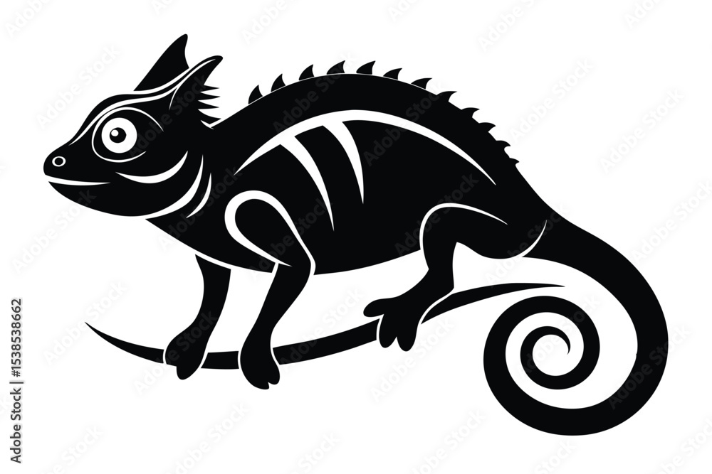 Fototapeta premium Black Chameleon with Spikes is Standing on a Twig with a Curled Tail