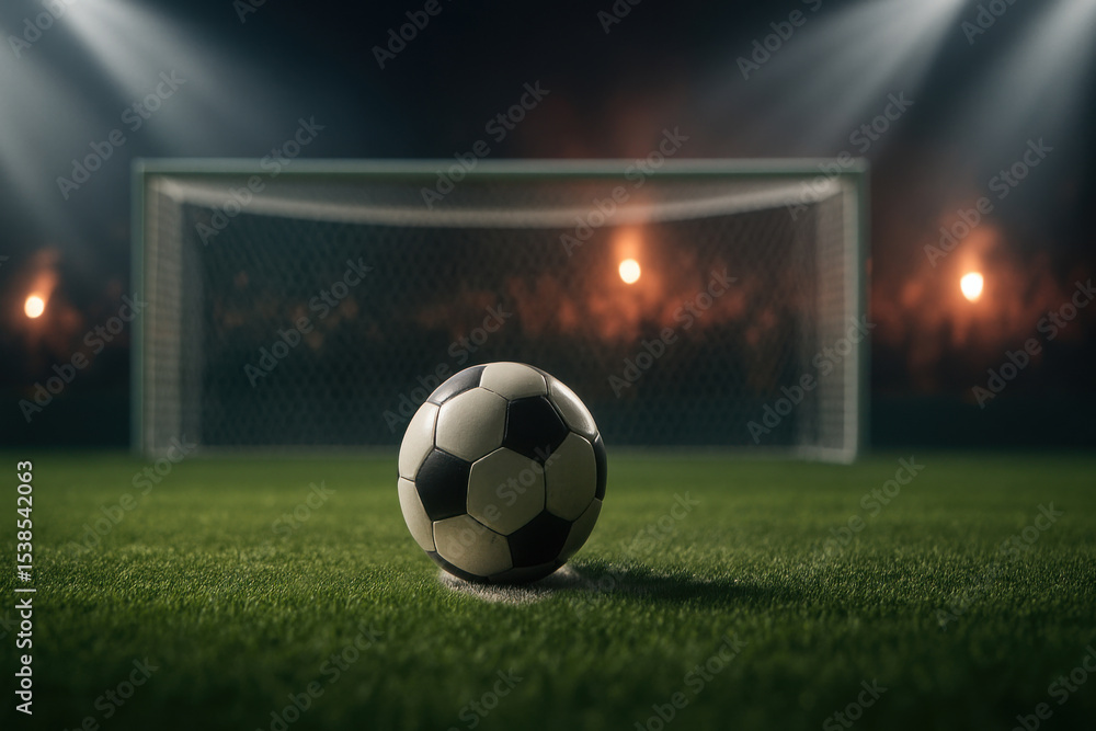 Obraz premium Soccer ball on field with goal and stadium lights in background