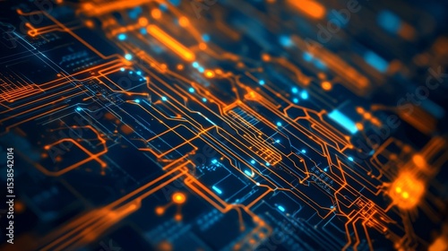 Futuristic orange and blue circuit board background with glowing digital lines, abstract electronic motherboard pattern, high-tech innovation and data communication concept




