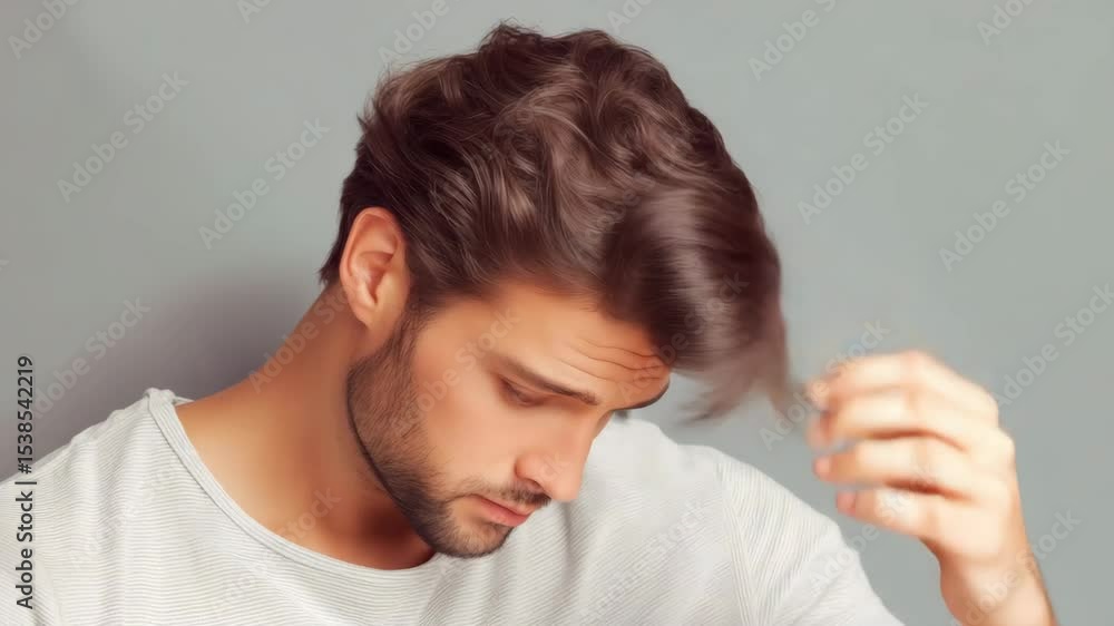 Young man showing concern while touching his hair in a casual indoor setting Young man showing concern while touching his hair in a casual indoor setting
