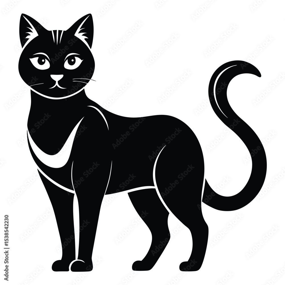 Fototapeta premium Sleek black cat stands gracefully with an elegantly curved tail in this art