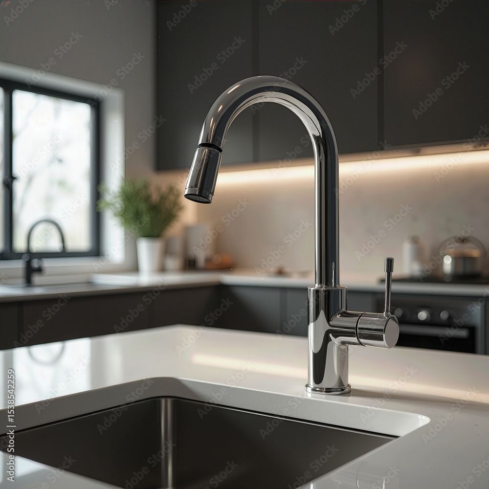 A sleek chrome pull-down faucet shines as the centerpiece of a modern kitchen, set against a dark grey cabinet backdrop and a clean white countertop.
A sleek chrome pull-down faucet shines as the centerpiece of a modern kitchen, set against a dark grey cabinet backdrop and a clean white countertop.