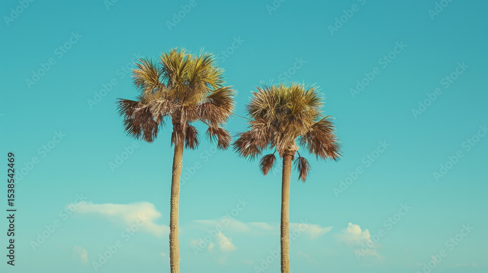 Obraz premium Tall palm trees sway gently against bright blue sky, creating serene tropical atmosphere
