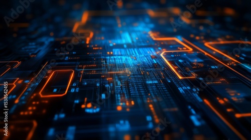 Futuristic orange and blue circuit board background with glowing digital lines, abstract electronic motherboard pattern, high-tech innovation and data communication concept




