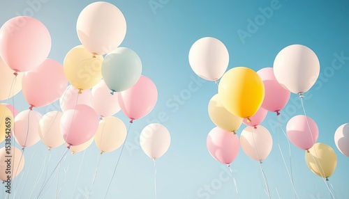 Pastel balloons float, soft light, joyful celebration,  event,  photo