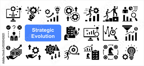 Strategic evolution icon collection set. Digital transformation, Innovation, Adaptation, Agility, Continuous improvement, Leadership, Strategic management.