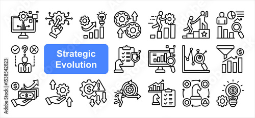 Strategic evolution icon collection set. Digital transformation, Innovation, Adaptation, Agility, Continuous improvement, Leadership, Strategic management.