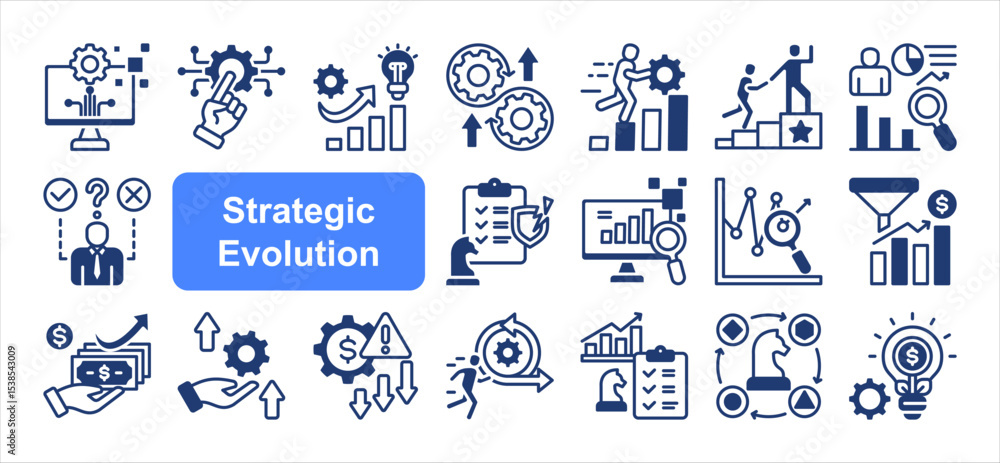 Fototapeta premium Strategic evolution icon collection set. Digital transformation, Innovation, Adaptation, Agility, Continuous improvement, Leadership, Strategic management.