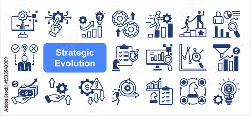 Strategic evolution icon collection set. Digital transformation, Innovation, Adaptation, Agility, Continuous improvement, Leadership, Strategic management.