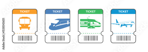 Set of tickets for bus, metro, train, plane. Vector illustration.