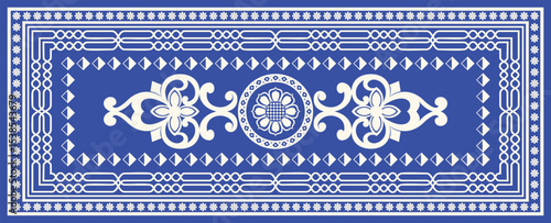 Traditional blue floral carpet vector frame – blue and ivory decorative geometric tile pattern vector illustration, for tiles, rugs, wall art, fabric prints and islamic decorative design.