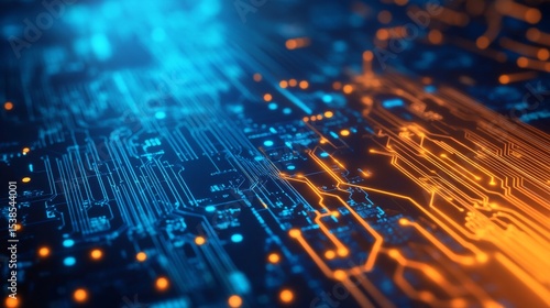 Futuristic orange and blue circuit board background with glowing digital lines, abstract electronic motherboard pattern, high-tech innovation and data communication concept




