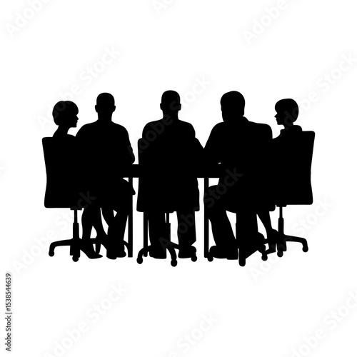 Business people silhouettes in a meeting at a table with chairs, illustrating a group conference or presentation business people meeting silhouette