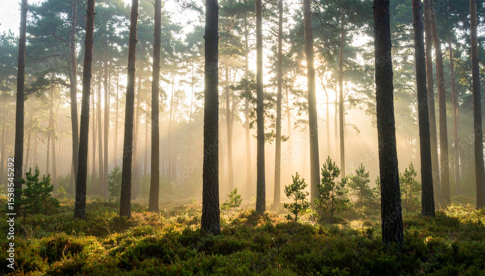 Naklejka premium Sunlight filters through a misty autumn forest at dawn, illuminating green trees and a winding path