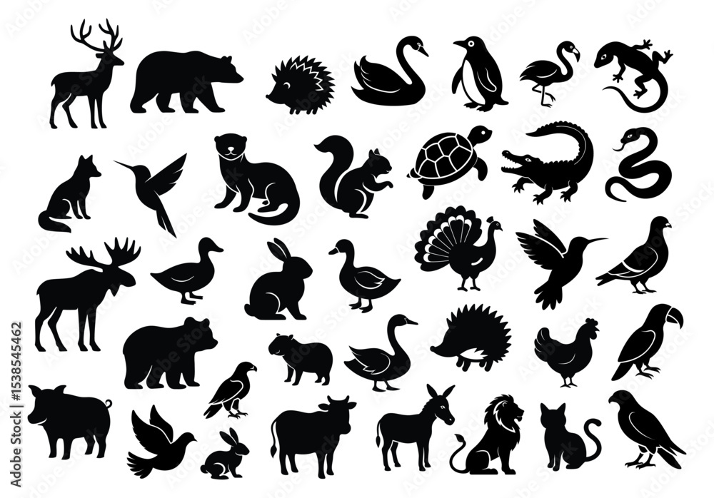 Εκτύπωση καμβά Wild Animal and Bird Silhouettes  Vector Icon Collection