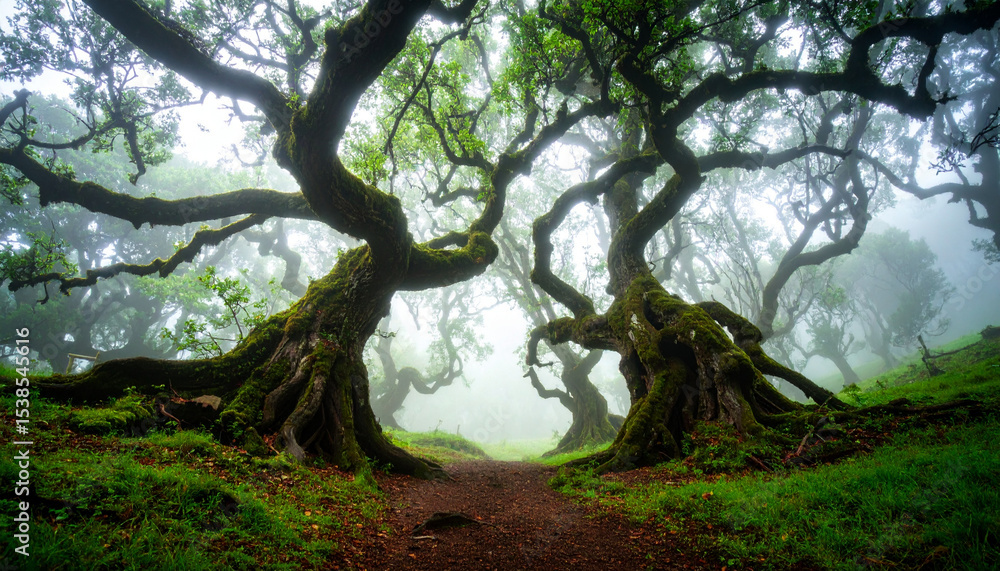 Fototapeta premium Enchanted Forest Path Mystical Fog, Ancient Trees, Lush Greenery