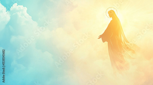Minimalist Assumption of Mary Banner with Soft Sky Blue and Golden Light Gradient Background, Flat Icon of Mary with Halo Ascending Upward Surrounded by Gentle Rays, Positioned on the Right Side

