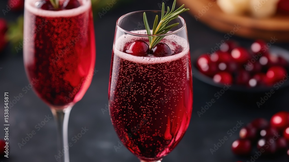 Sparkling cranberry cocktails in elegant glasses, garnished with fresh cranberries and rosemary, on a festive table. Sparkling cranberry cocktails in elegant glasses, garnished with fresh cranberries and rosemary, on a festive table.