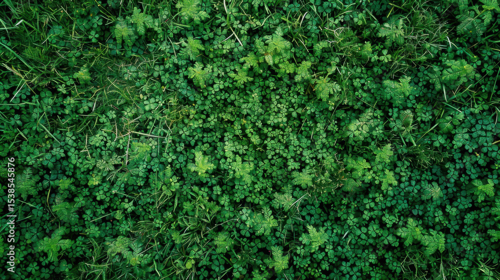 Lush green clover leaves blanket ground, creating vibrant and serene natural landscape. rich texture and color evoke sense of tranquility Lush green clover leaves blanket ground, creating vibrant and serene natural landscape. rich texture and color evoke sense of tranquility