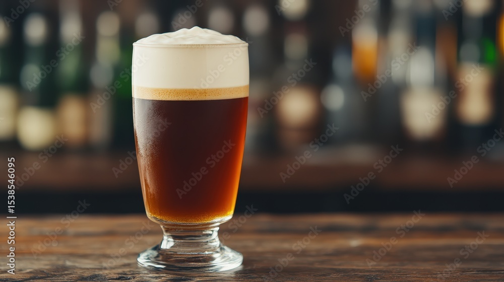 A glass of dark beer with a foamy head sits on a wooden bar, blurred bottles in the background. A glass of dark beer with a foamy head sits on a wooden bar, blurred bottles in the background.