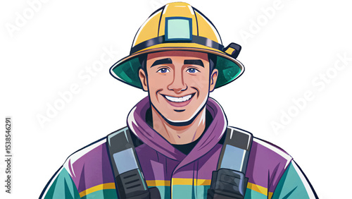 firefighter with confident smile standing on white isolated background, symbolizing bravery, duty, protection, and emergency response service in urban and rescue environments