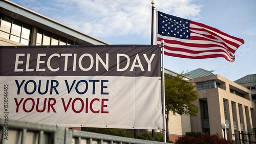 Election Day Banner Outside Government Building with American Flag