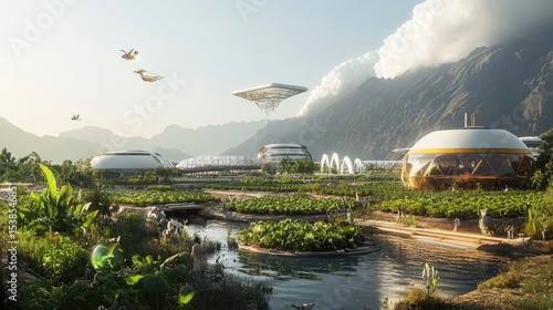 Wallpaper Mural Futuristic Eco-Friendly Urban Landscape with Advanced Architecture and Lush Greenery Surrounded by Mountains Torontodigital.ca