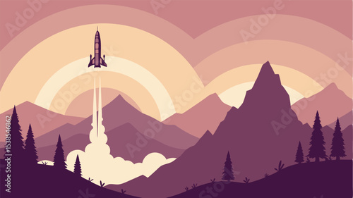 Rocket launching over mountains with smoke trails and sunset sky in a stylized landscape illustration