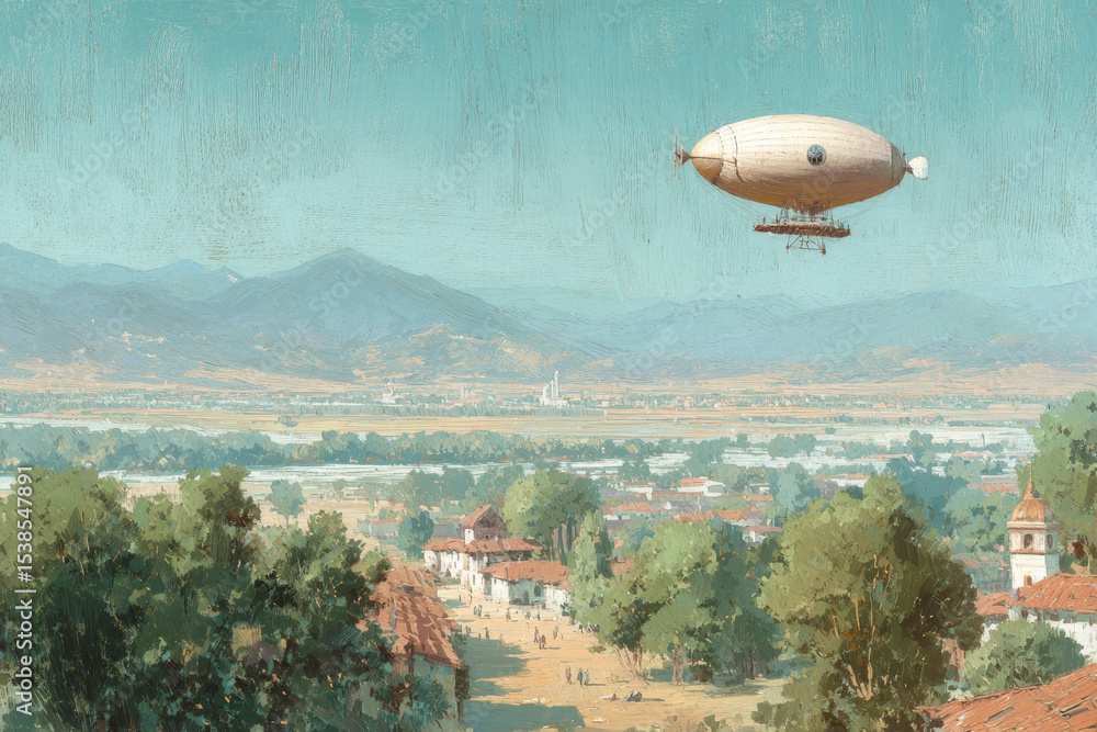 Naklejka premium Vintage airship floats peacefully above sunlit rural town, surrounded by lush trees, distant mountains, and clear blue sky, evoking sense of adventure and tranquility