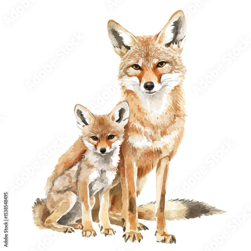 A Mother Jackal With Her Kid, watercolor illustration vector, isolated on a white background.