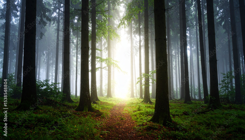 Fototapeta premium Sunlight piercing through morning mist in a serene autumn forest
