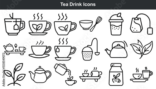 Tea Drink Icons Black Line Art Set