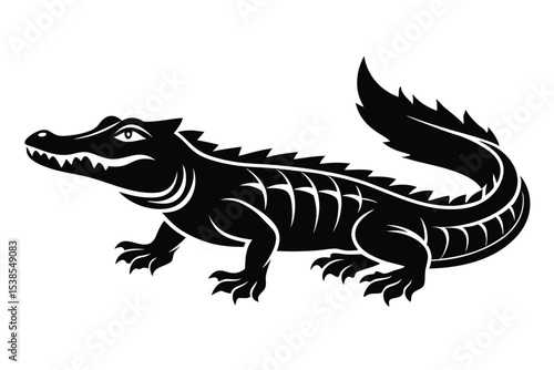 Alligator features a thick tail and toothy grin, rendered in simple black and white