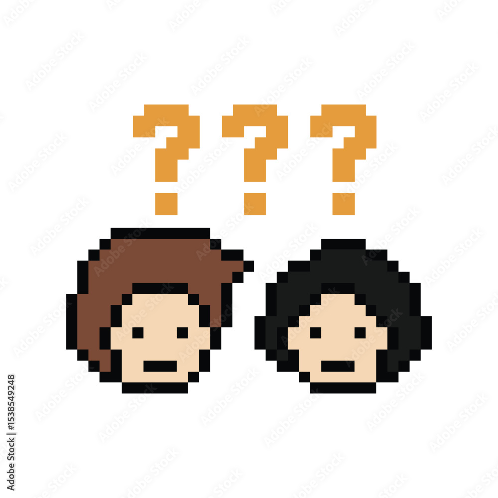 Fototapeta premium Cute pixel cartoon character man with question mark decoration 8 bit male boy confused idea question mark quiz questionnaire choose cartoon pixel game 8bit png vector.