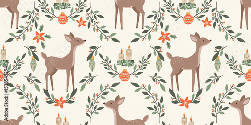 Christmas deer seamless pattern with floral decoration and candles