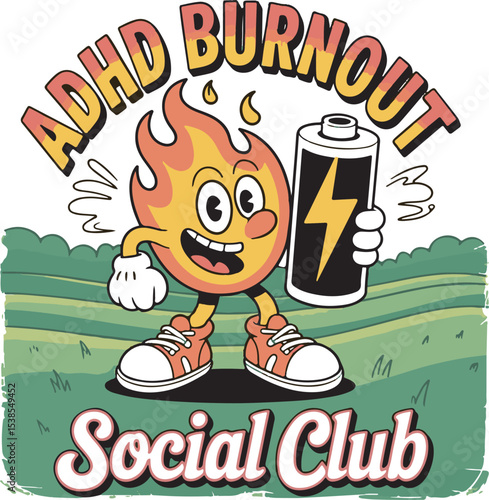 A D H D Burnout Social Club Logo Design Featuring a Cartoon Fire Character Holding a Battery Against a Green