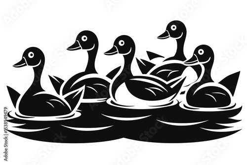 Five black and white ducks gracefully glide together across calm water in unity