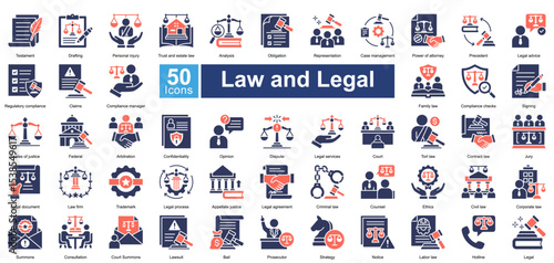 Law and Legal icon set contains 50 icons including, Confidentiality, Opinion, Dispute, Legal services, Court, Tort law, Contract law, Law firm, Trademark, simple vector mixed  style	