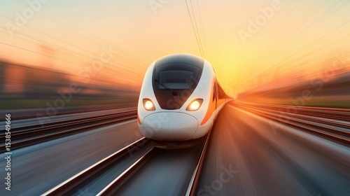 A modern high-speed train travels swiftly along tracks at sunset, creating a sense of speed and motion.