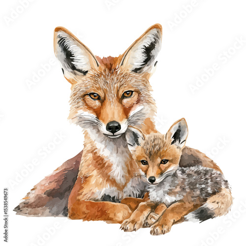 A Mother Jackal With Her Kid, watercolor painting vector, isolated on a white background.