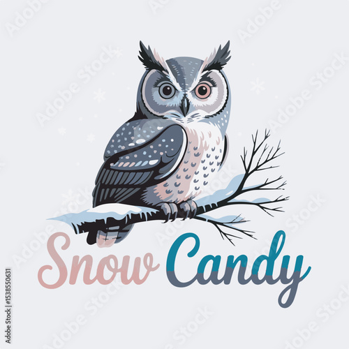 A stylized illustration of an owl perched on a snow covered branch with the words Snow Candy below it snowflakes in