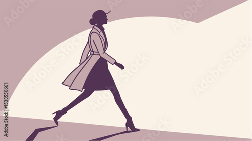 Silhouette of a woman walking in a coat and hat under a spotlight in a minimalist style design