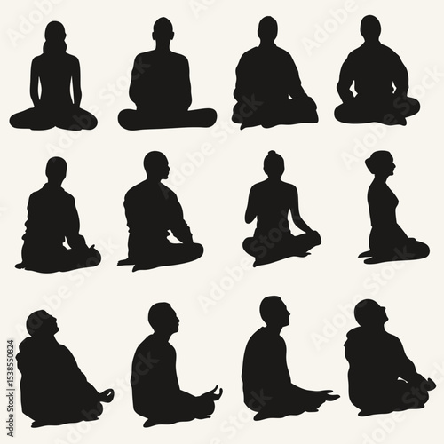 Silhouette figures show both men and women in meditative postures and seated yoga