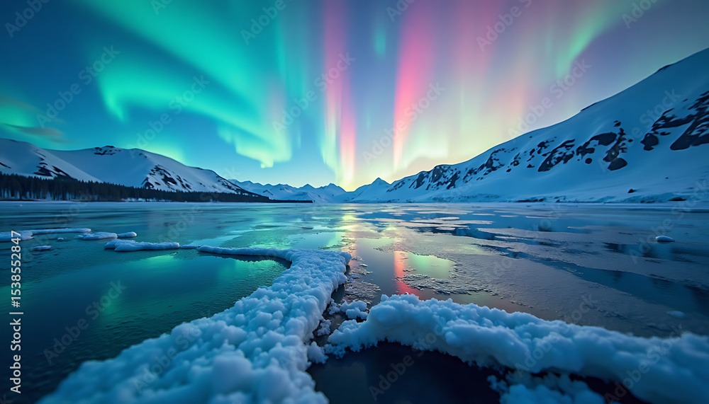 Fototapeta premium Spectacular Aurora Borealis Display over a Frozen Lake with Snow-Capped Mountains
