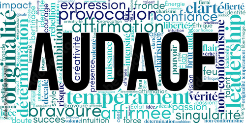 Nuage de mots en français autour du mot "audace". Thèmes de courage, ambition, créativité, force, confiance et originalité. Idéal pour visuels motivationnels, coaching, art ou branding